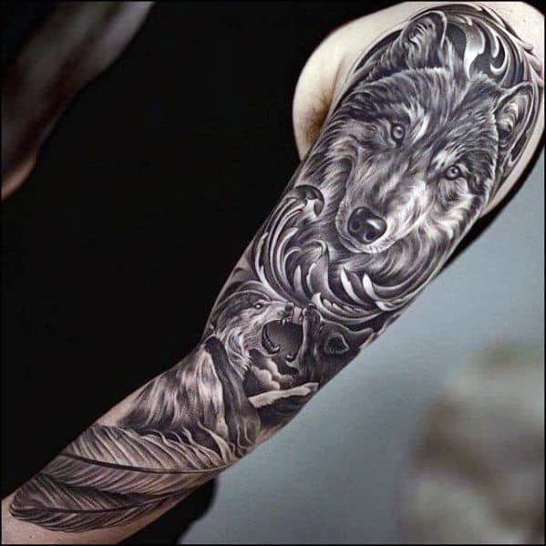 Wolf With Feathers Awesome Guys White And Grey Ink Sleeve Tattoos