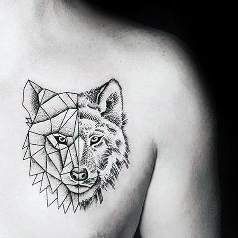 Wolf With Half Geometric Design Minimalist Guys Chest Tattoos