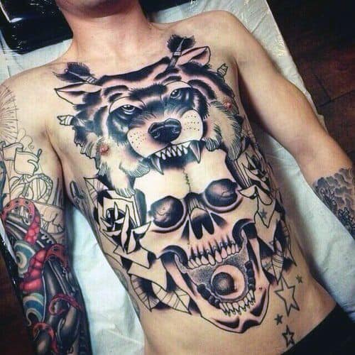Wolf With Skull Guys Full Chest Tattoo Designs