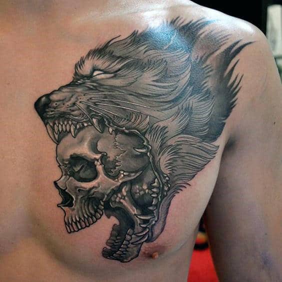 Wolf With Skull Head Male Chest Tattoo Designs