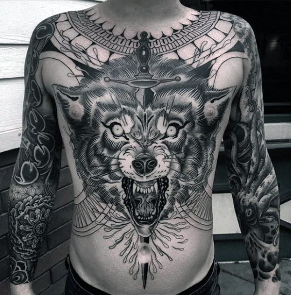 Wolf With Sword Guys Badass Full Chest Tattoos