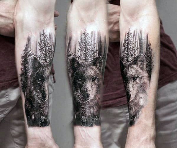 Wolf With Trees Mens Inner Forearm Tattoos
