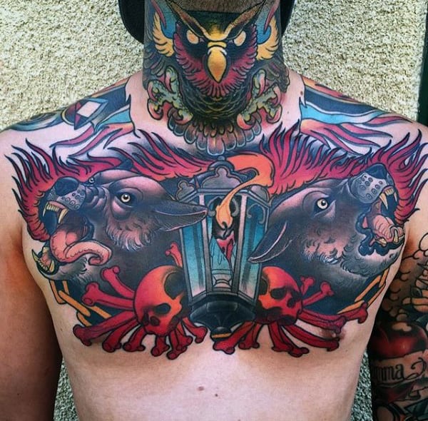 Wolves Flaming Lantern Mens Chest Tattoo Designs