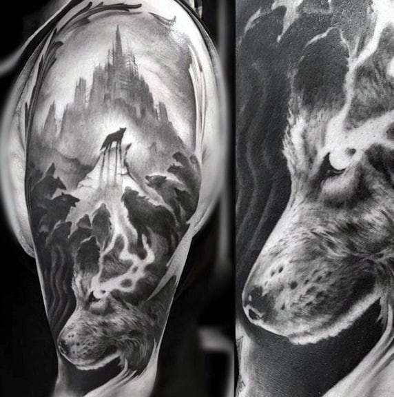 Wolves Howling Mens Black Ink Half Sleeve Tattoos
