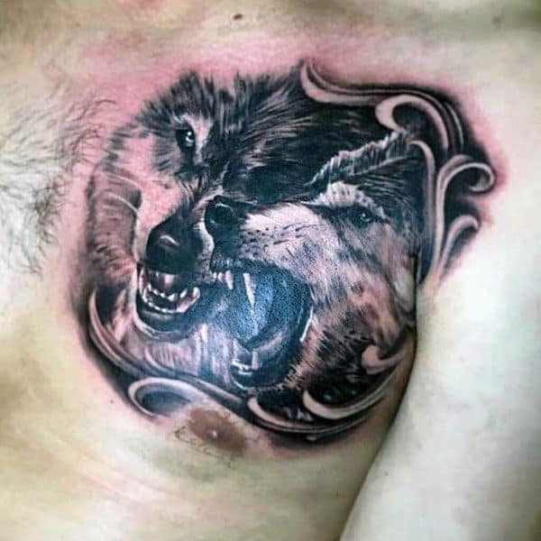 Wolves Shaded Mens Upper Chest Tattoos