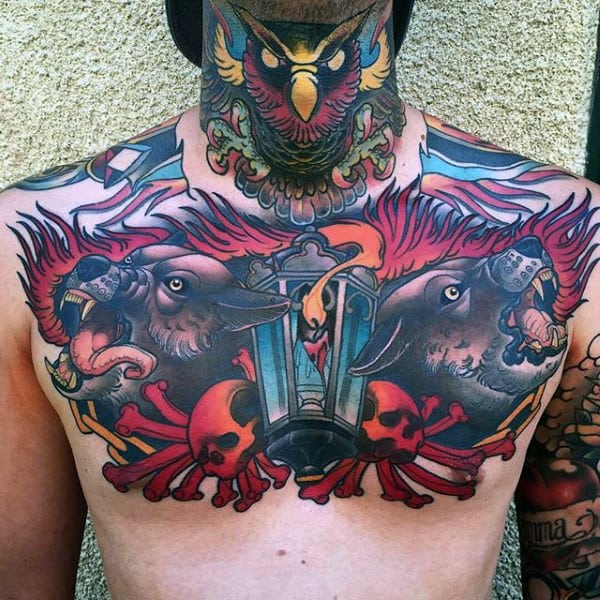 Wolves With Lantern Mens Modern Chest Tattoos