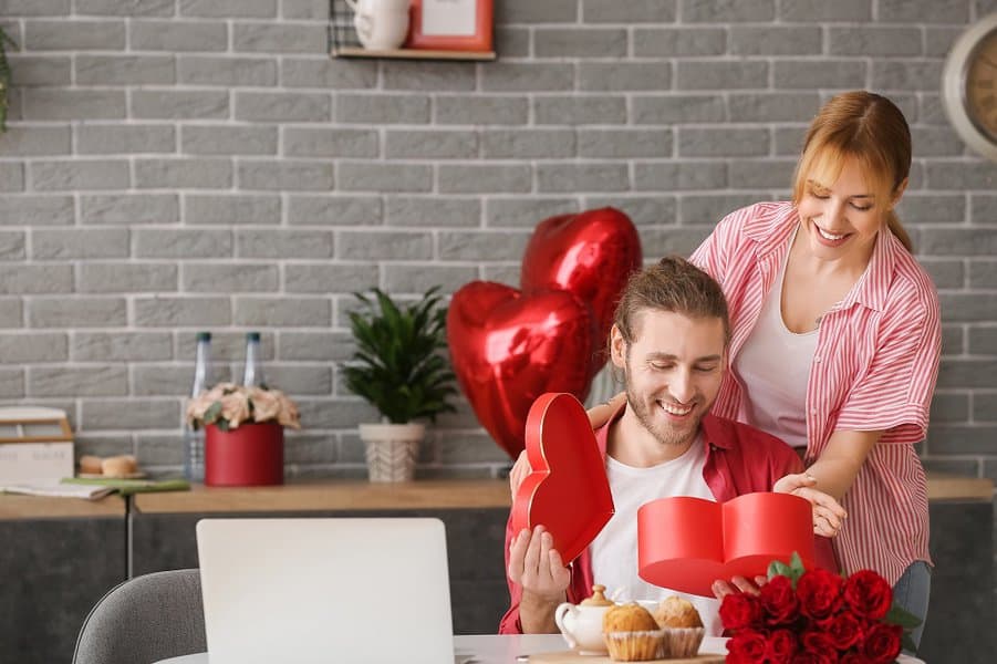 woman greeting her husband on his birthday