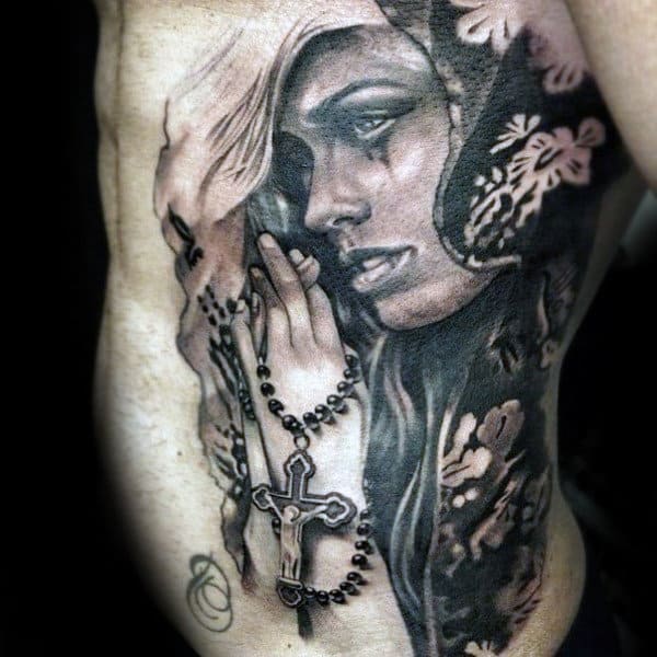 Woman Praying With Rosary Male Chicano Rib Cage Side Tattoo