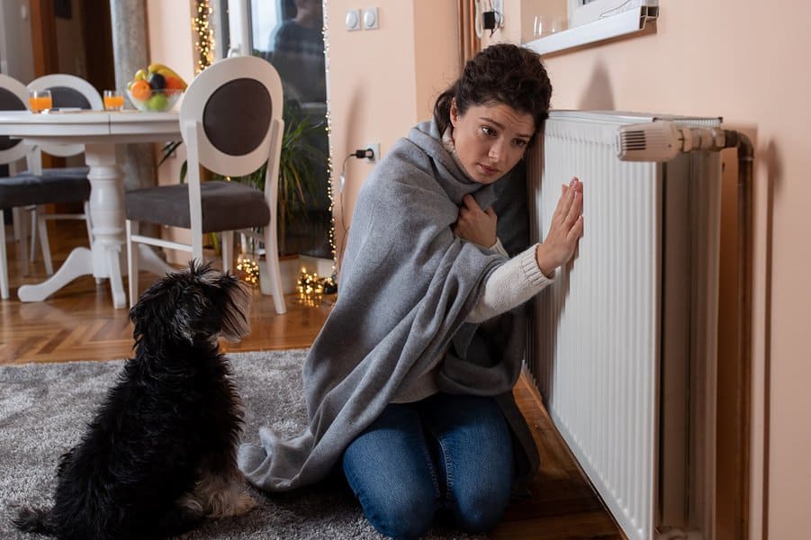 woman warm herself while dog watching her
