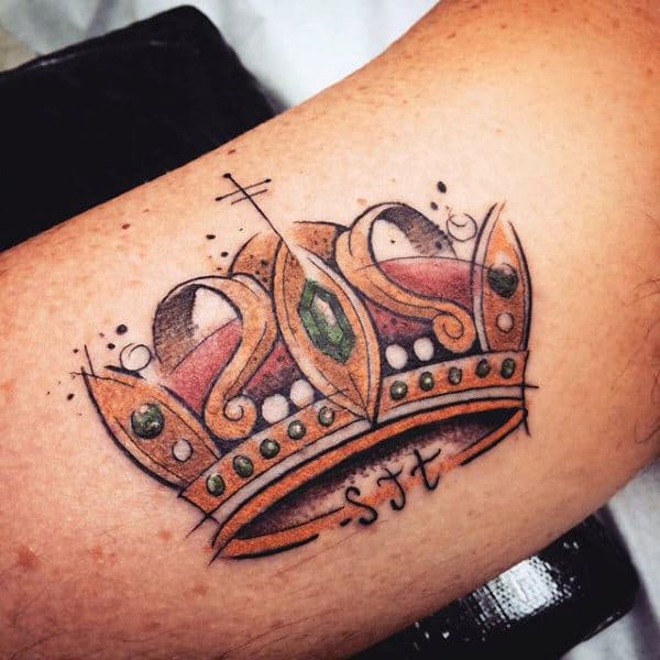 Wonderful Golden Crown Tattoo With Jewel On Forearms Men