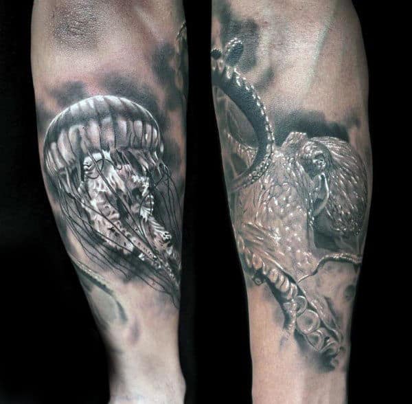 Wonderful Gray Shaded Jellyfish Tattoo Male Forearms