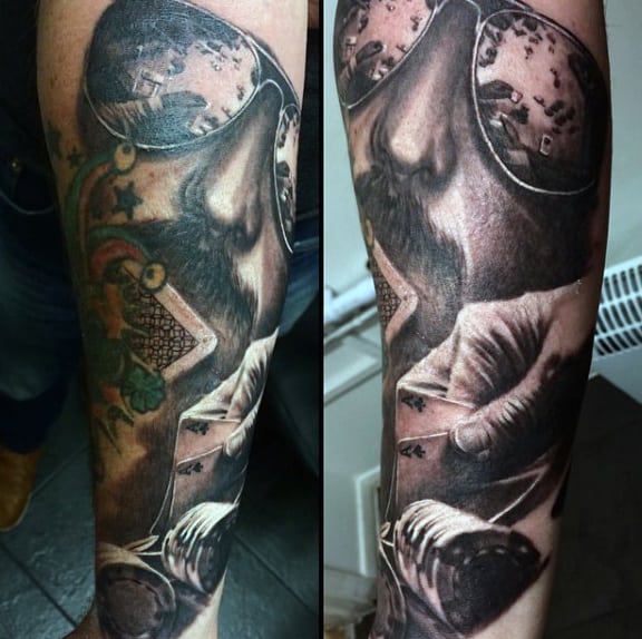 Wonderful Tattoo Of Man Holding Playing Cards Mens Sleeve