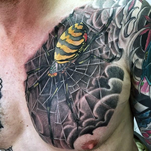 Wonderful Yellow And Black Spider On Chest For Men