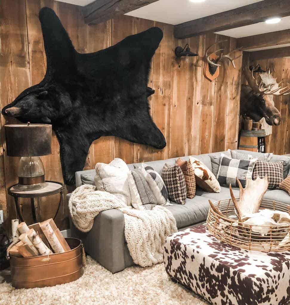 wood living room with animal trophies 