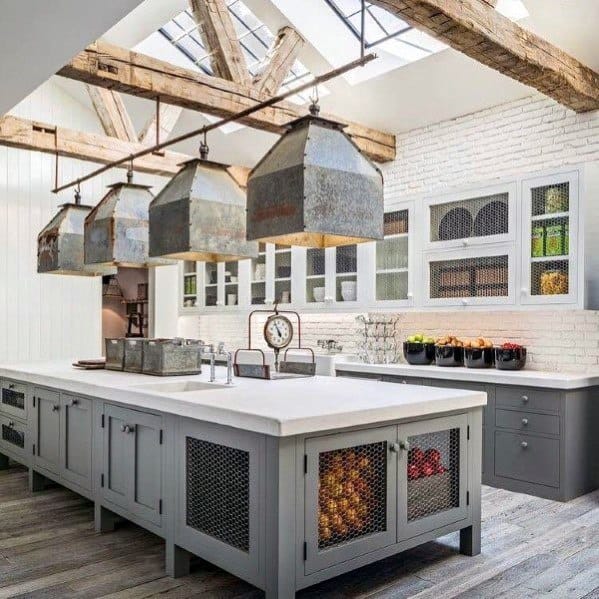 Wood Beams With Skylights Grey And White Kitchen Ceiling Ideas