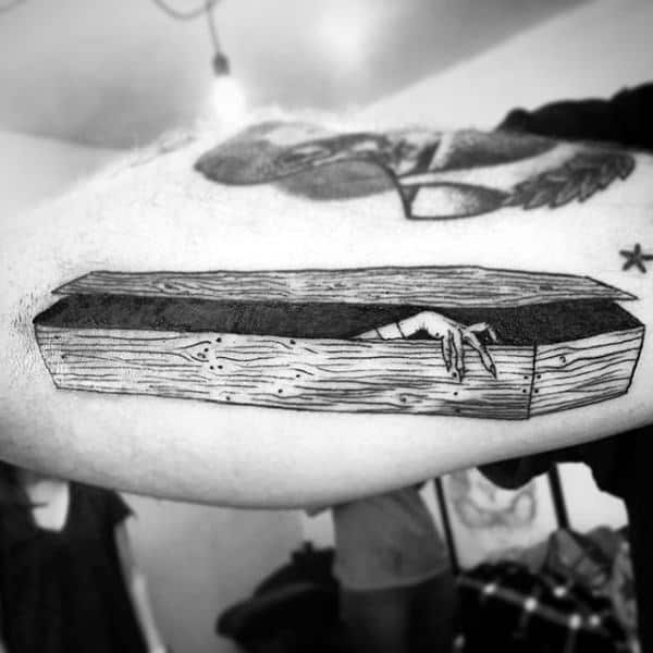 Wood Coffin Bicep Male Tattoo With Hand Opening Door