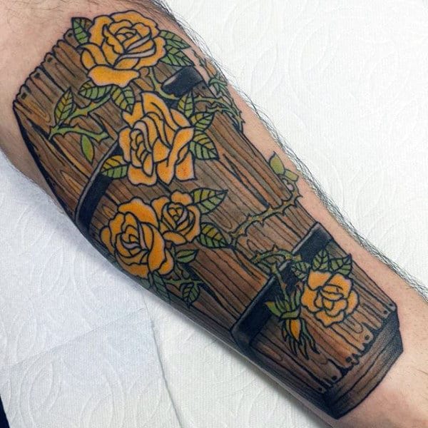 Wood Coffin Guys Tattoo With Yellow Rose Flowers