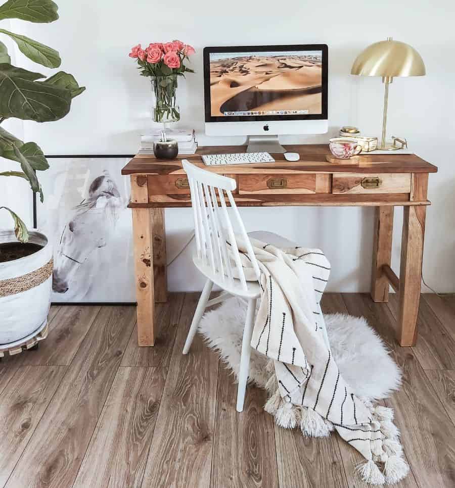 rustic wood home office desk white chair 