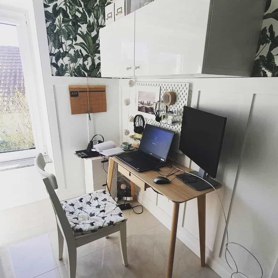 small home office wood desk with draw white chair 