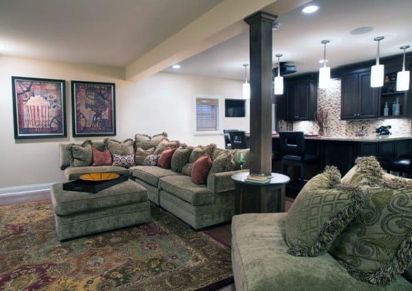 green couch basement design 