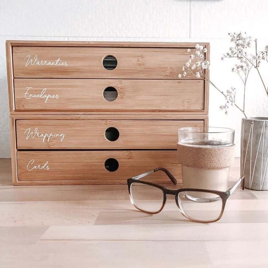 wood file storage unit glasses candle 