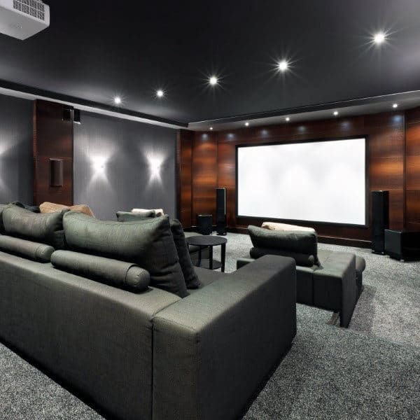 Wood Panel Walls In Home Theater With Grey Color Scheme
