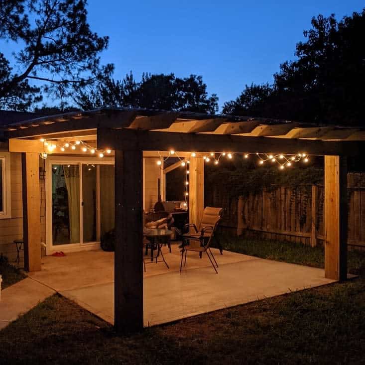 wood patio awning at night