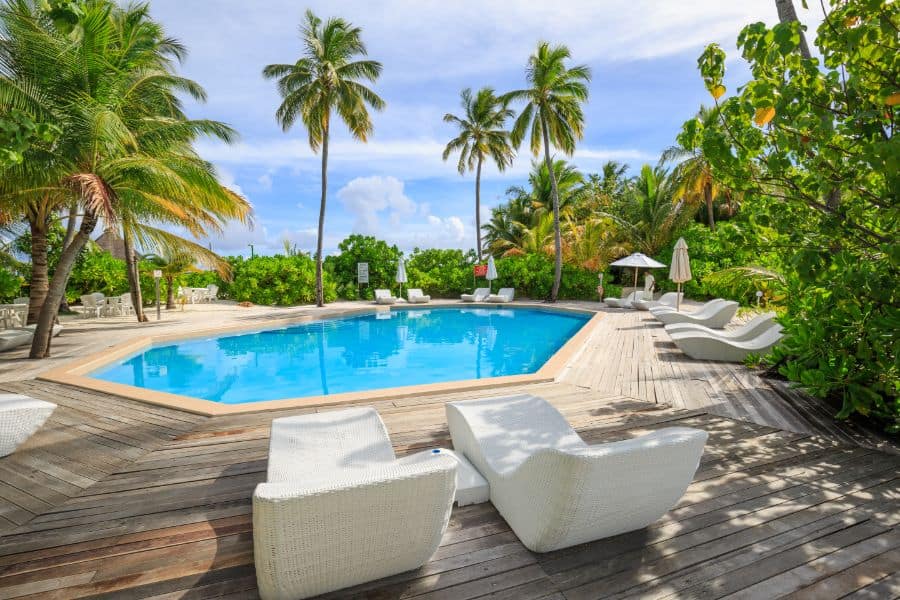 luxury resort style wood pool deck 