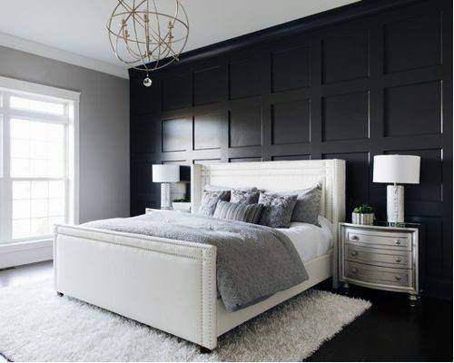 black and white modern bedroom with white bed