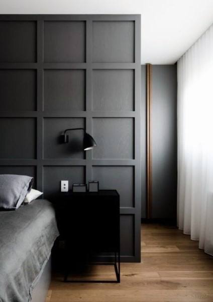 Wood Wall Black Bedroom