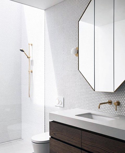 white tile bathroom wood vanity 