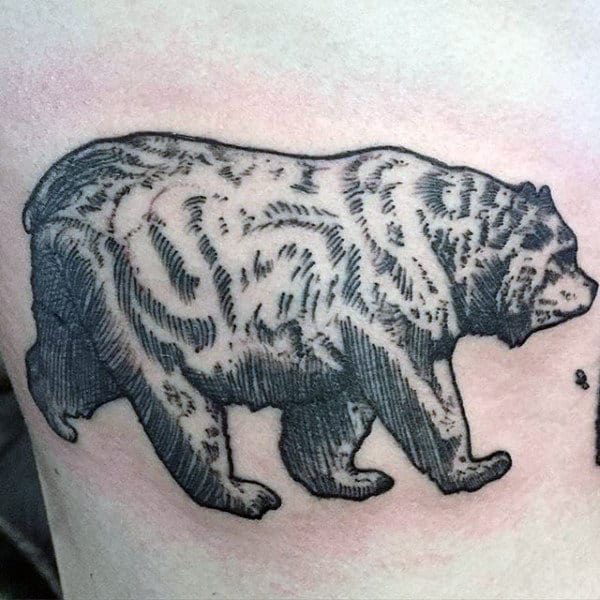 Woodcut Detailed California Bear Mens Back Tattoo