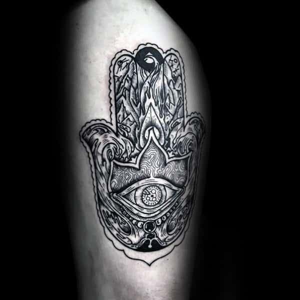 Woodcut Finely Detailed Mens Hamsa Thigh Tattoos