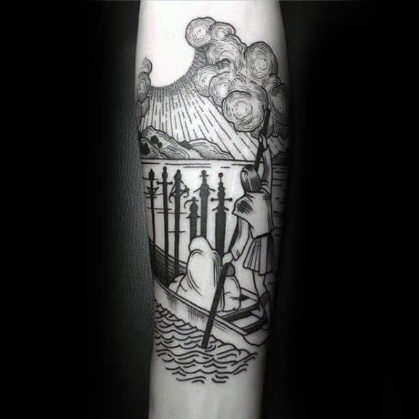 Woodcut Inner Forearm Gentleman With Tarot Tattoo