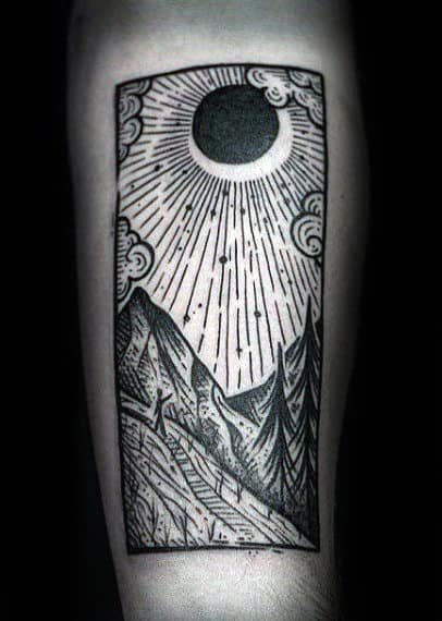 Woodcut Mens Forest Rising Sun Rectangle Forearm Tattoo