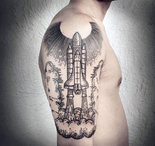 Woodcut Mens Spaceship Taking Off Half Sleeve Tattoo Designs