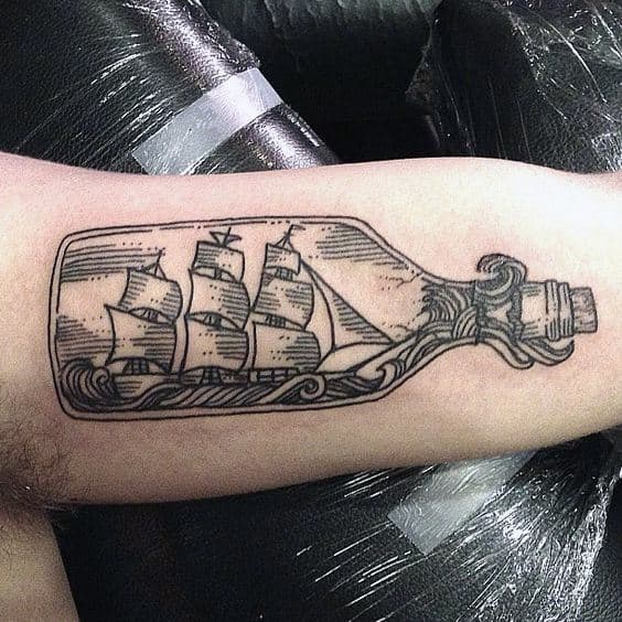 Woodcut Ship In A Bottle Awesome Male Inner Arm Tattoos