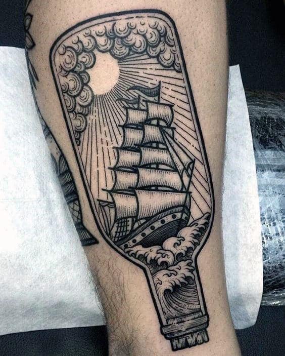 Woodcut Ship In A Bottle Mens Arm Tattoo