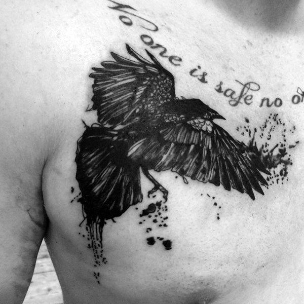 Wordings And Raven Tattoo On Chest For Men