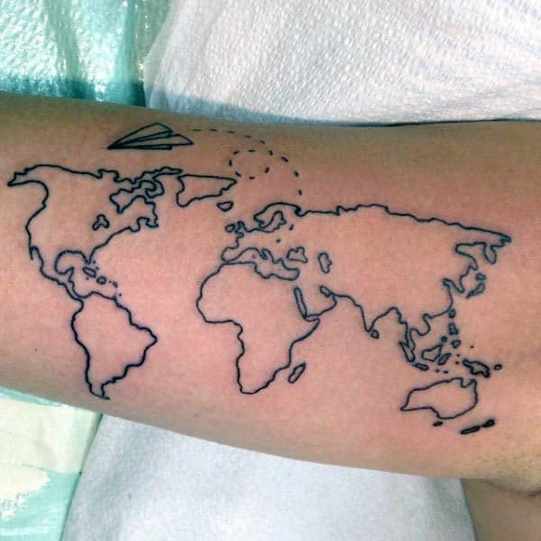 World Atlas With Paper Airplane Mens Arm Tattoos