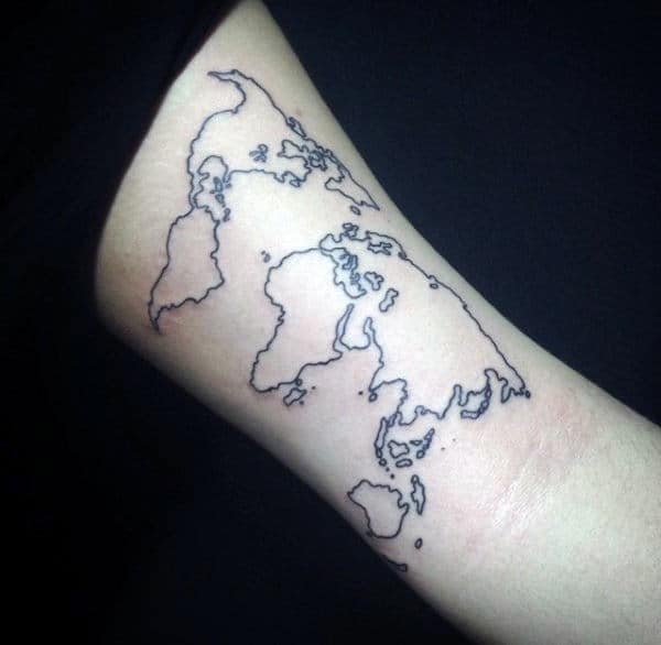 World Map Mens Fine Lines Tattoo On Bicep