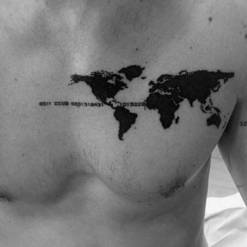 World Map Mens Small Black Ink Tattoo On Chest