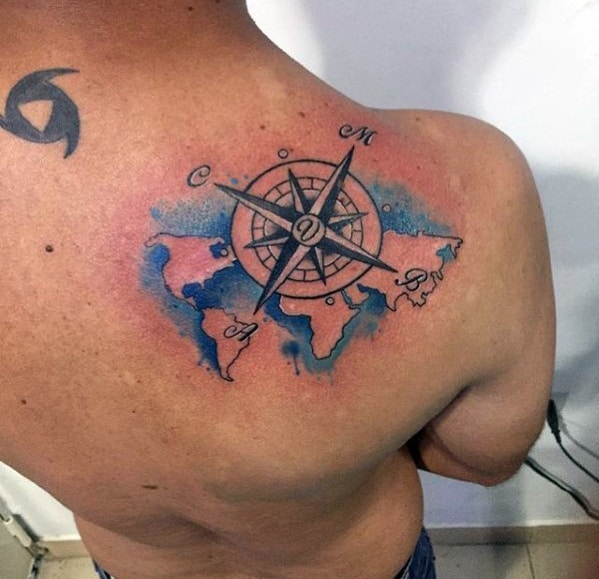 World Map Mens Watercolor Compass Shoulder Tattoo