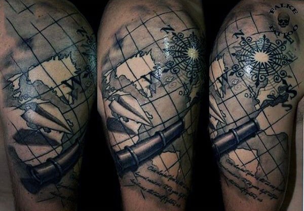 World Map Tattoo For Men With Telescope