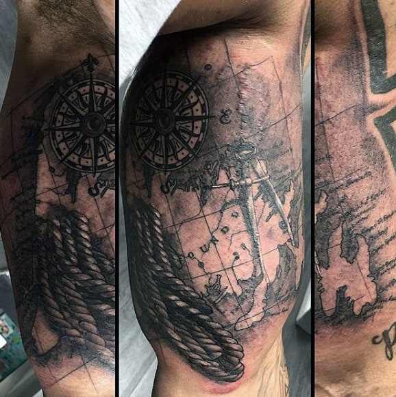 World Map With Rose And Nautical Star Mens Bicep Tattoo Ideas