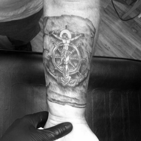 Wrist Anchor Cross Mens Shaded Black And Grey Ink Tattoos