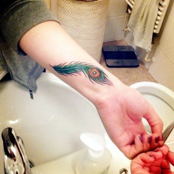 Wrist Color Nice Peacock Feather Tattoo