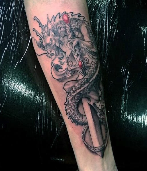 Wrist Dragon And Sword Tattoo For Men