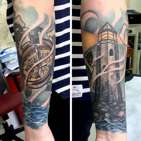 Wrist Lighthouse With Compass Mens Tattoo