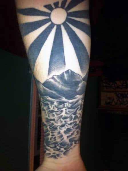 Wrist Male Sun Rays Tattoo With Ocean Waves